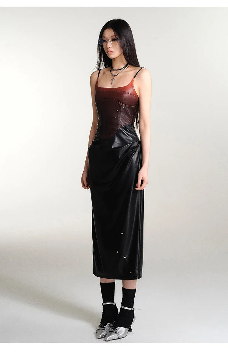 Cyberpunk Faux Leather Gradient Midi Dress