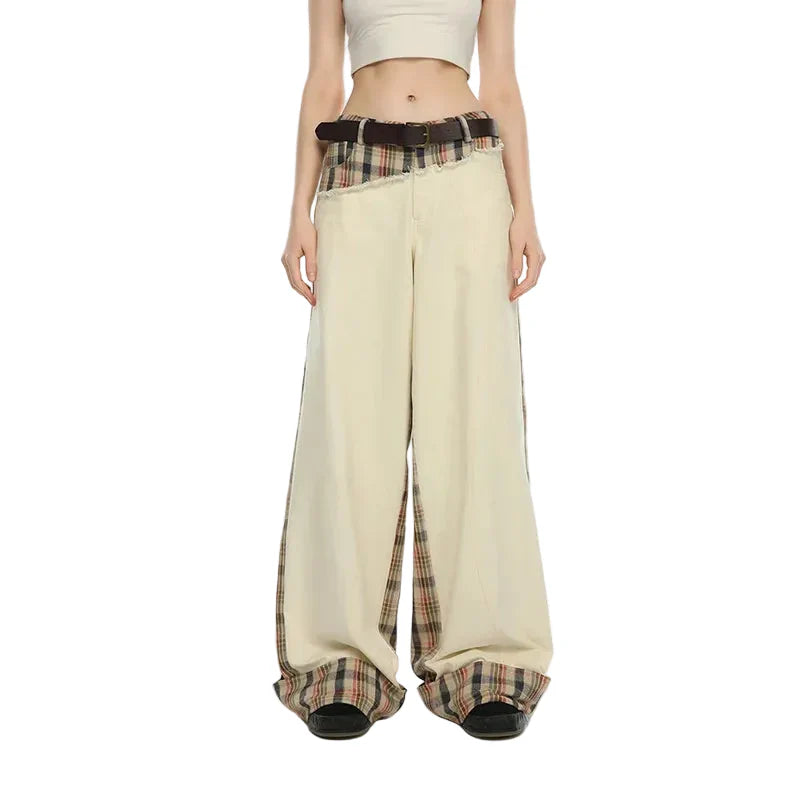 Patchwork Beige High Waist Wide Leg Pants