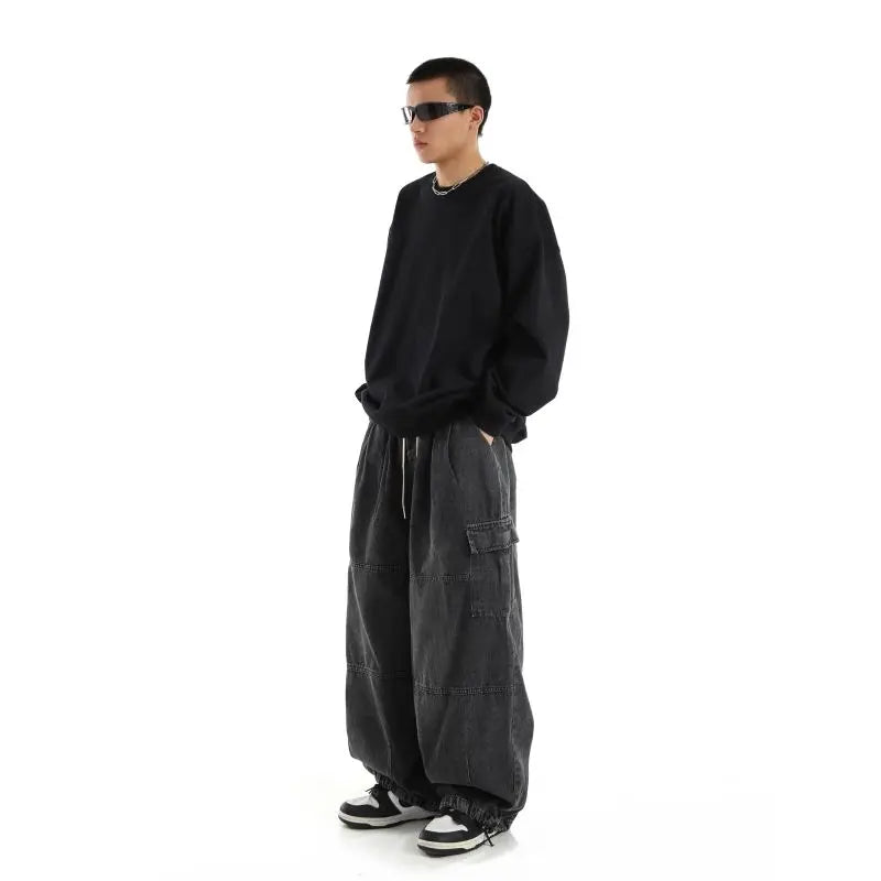 Drawstring Faded Wide Leg Cargo Jeans