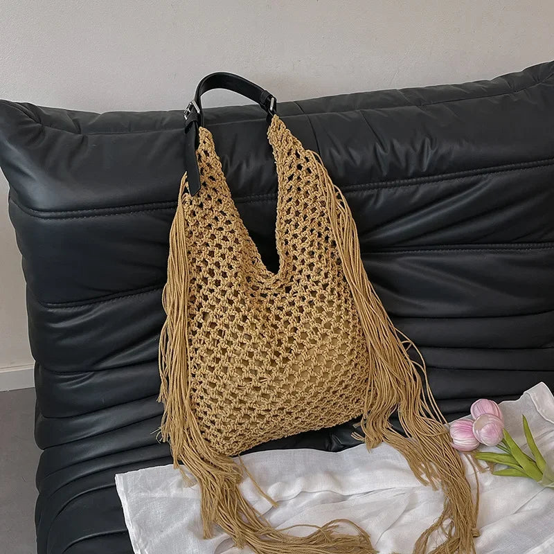 Hollow Out Knitted Tassel Shoulder Bag
