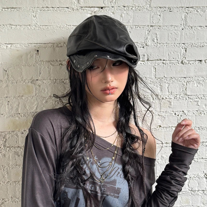Grunge Pleated Rivet Beret Hat