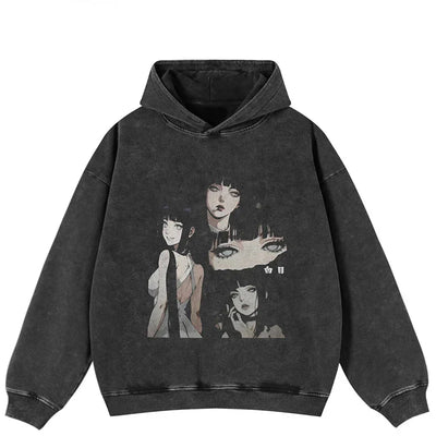 Anime Girl Grafik Schwarzer gewaschener Hoodie
