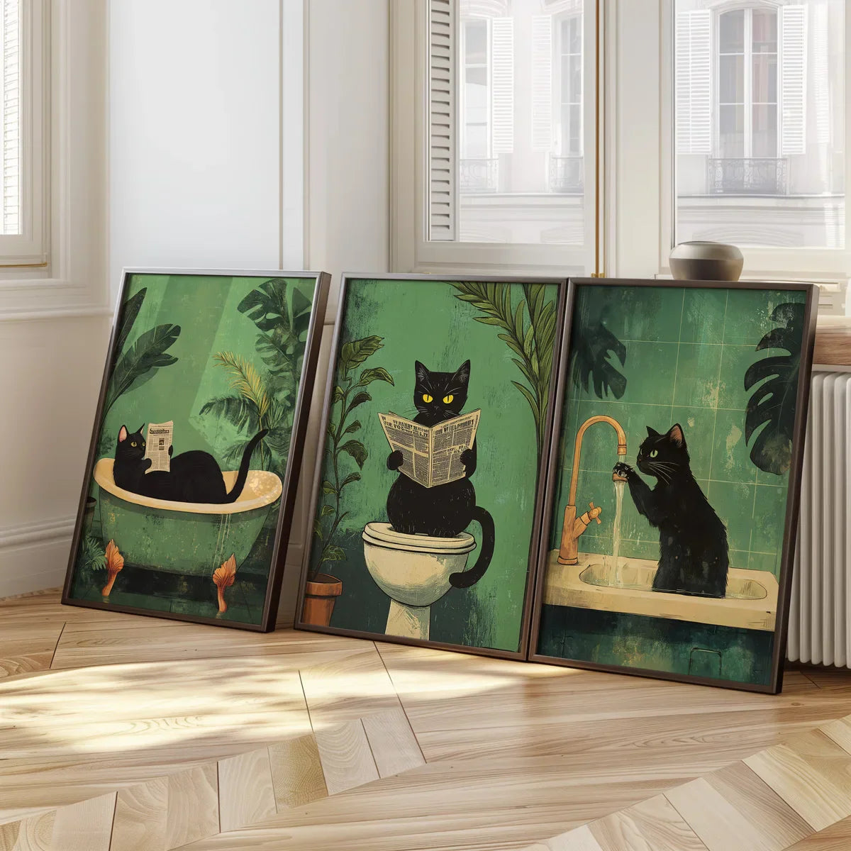 3 Funny Bathroom Black Cat Wall Art