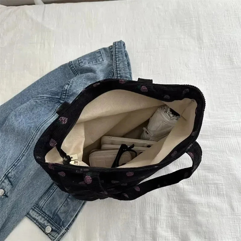 Corduroy Strawberry Print Tote Shoulder Bag