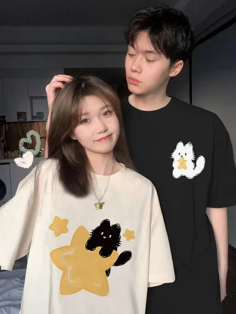 Gelbes Sternkatzen-Oversized-T-Shirt