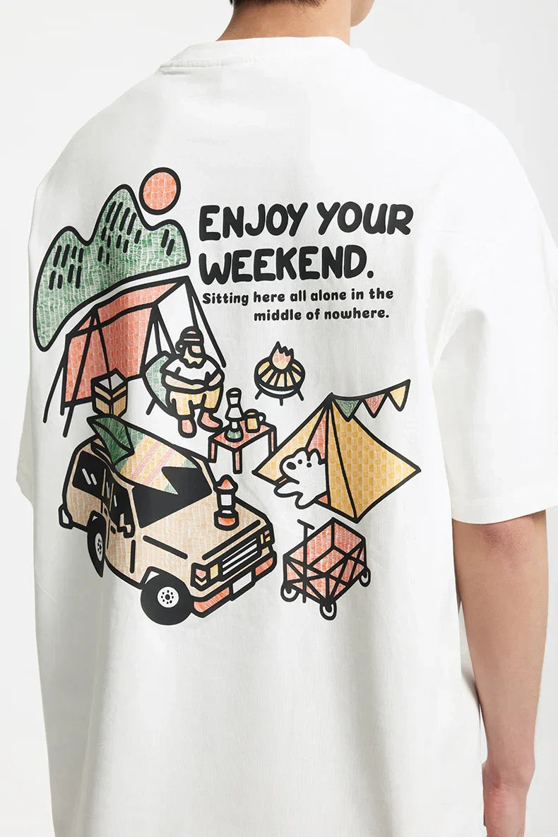 T-Shirt mit Berg-Print und Unifarbe