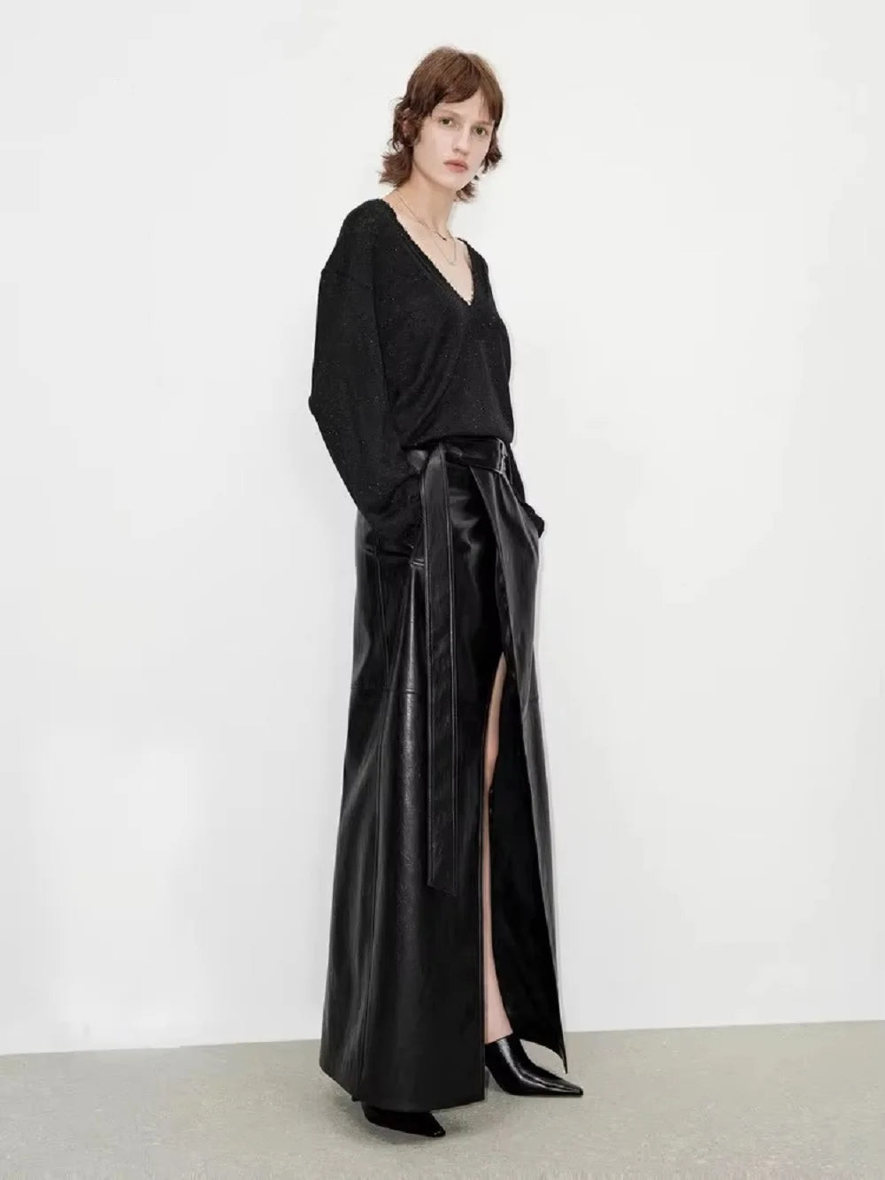 Shiny Black Soft Leather Floor Length Skirt