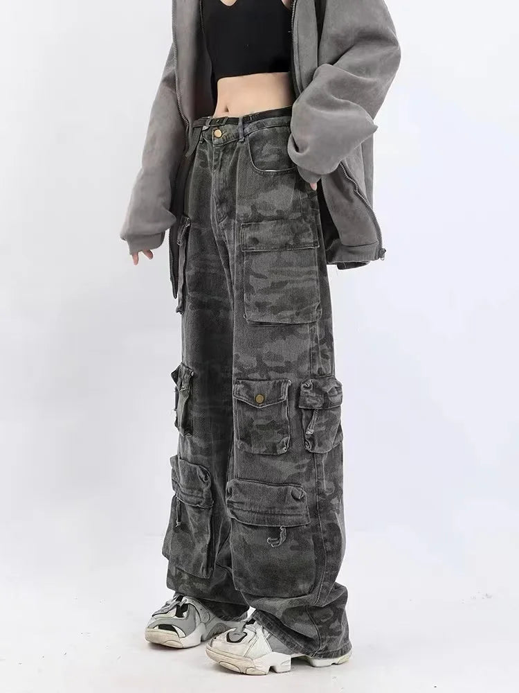 Retro Camouflage Wide Leg Cargo Pants