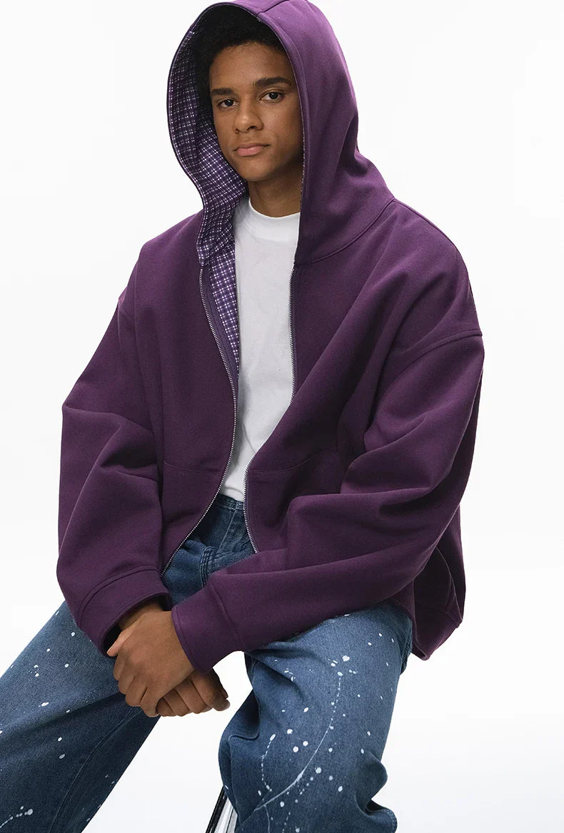 Reversible Inner Plaid Zip-up Hoodie
