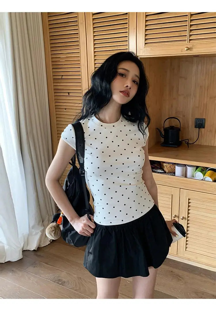 Polka Dots Short Sleeves Crop Top