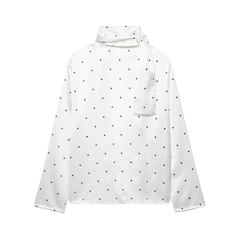 Scarf Style Collar Polka Dot Satin Blouse