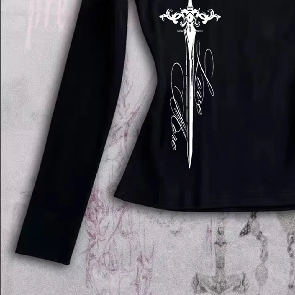 Grunge Aesthetic Letter Sword Long Sleeve Top