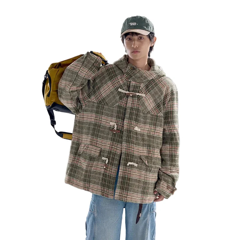 Retro Karierte Woll-Steppjacke mit Kapuze