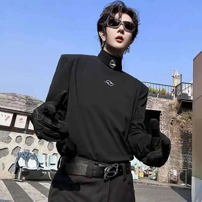 Chic Metal Buckle Turtleneck Long T-Shirt