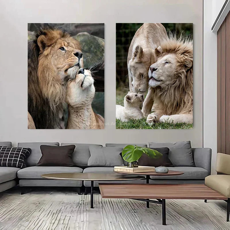 Black White Animals Baby Lion Family Poster