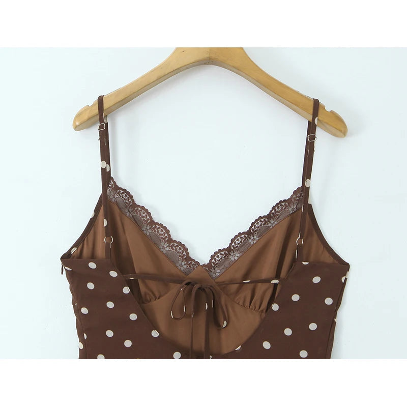 Brown & Black Backless Sling Polka Dot Long Dress
