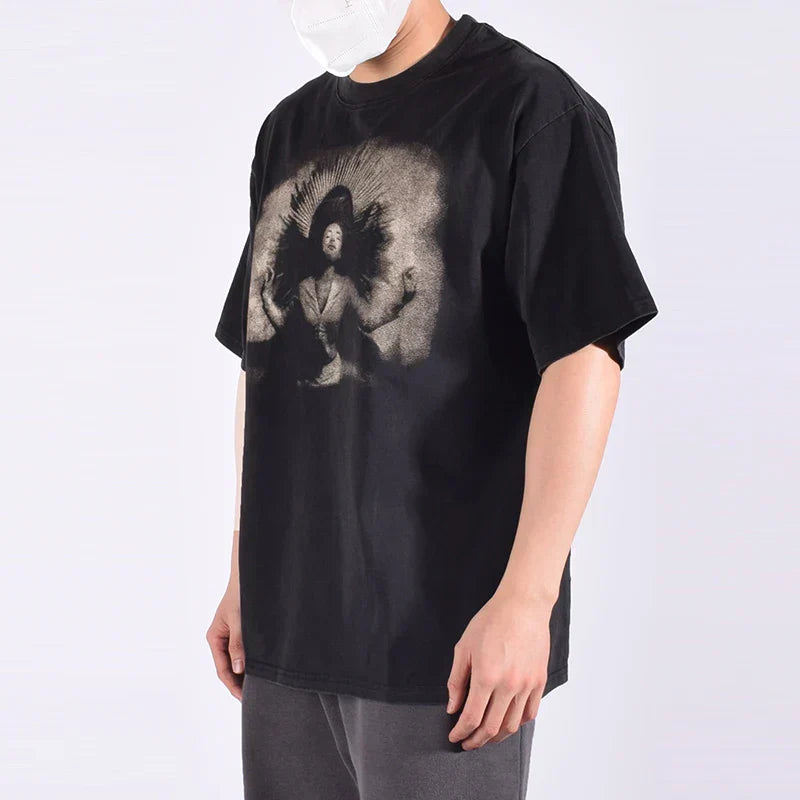 Vintage Porträtmuster Bedrucktes Schwarzes T-Shirt