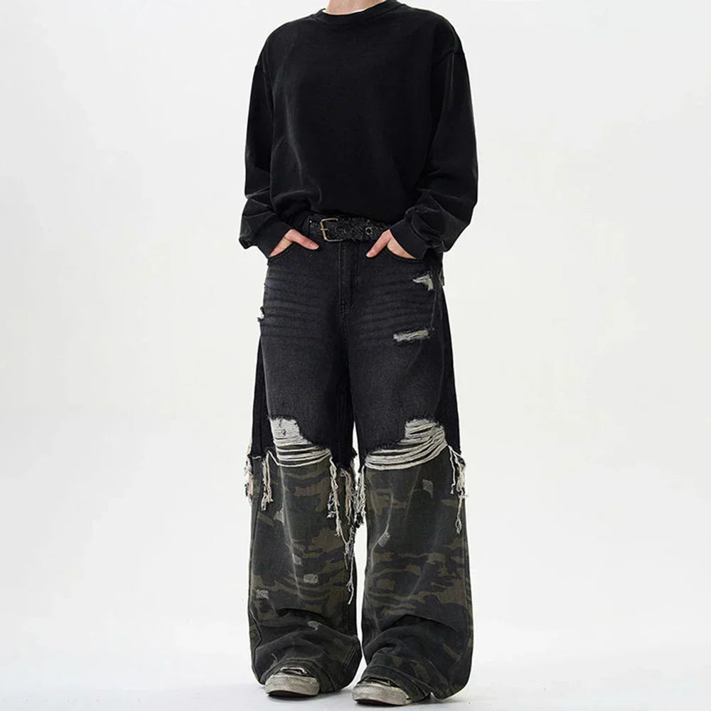 Y2K Camouflage Stitched Ripped Jeans