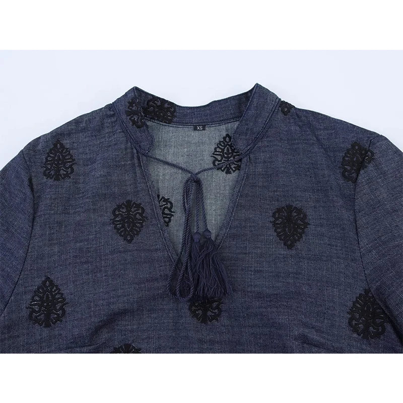 Vintage Women Embroidered Dark Blue Blouse