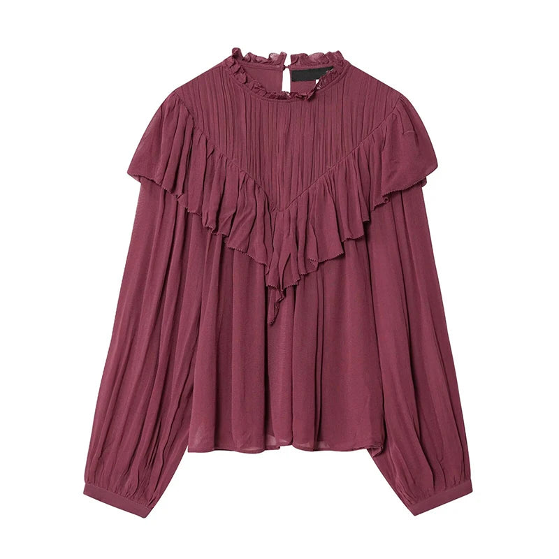Women Wine Red Ruffle Chiffon Blouse