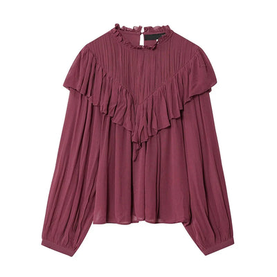 Women Wine Red Ruffle Chiffon Blouse