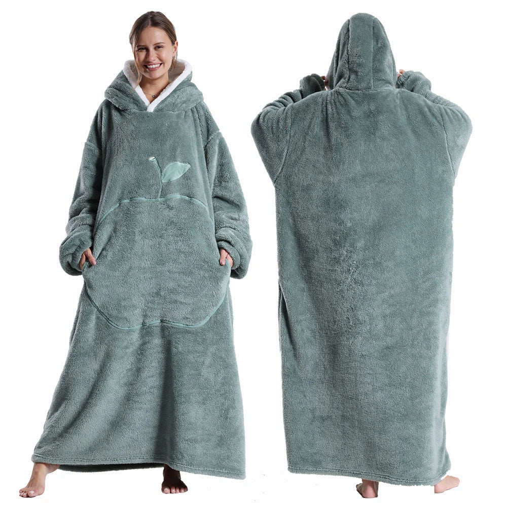 Extra Long Wearable Flannel Hooded Blanket