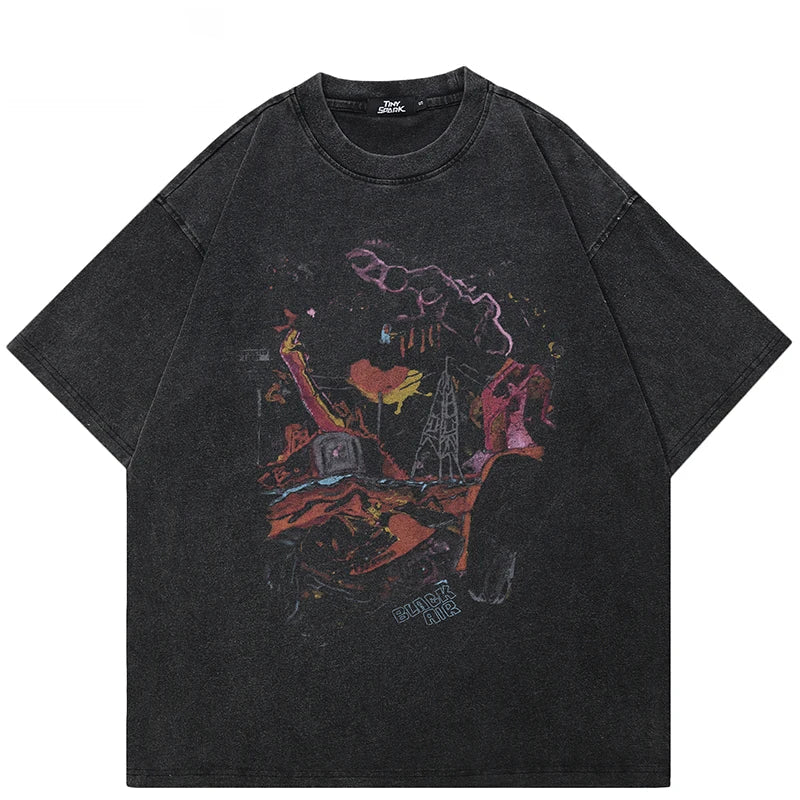 Washed Graffiti Printed Oversized T-Shirt