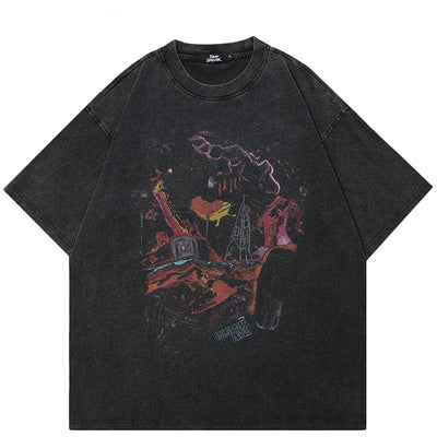 Washed Graffiti Printed Oversized T-Shirt