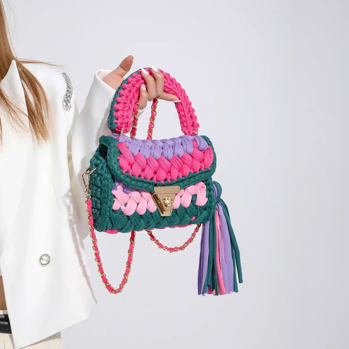 Woven Bag Knitted Shoulder Chunky