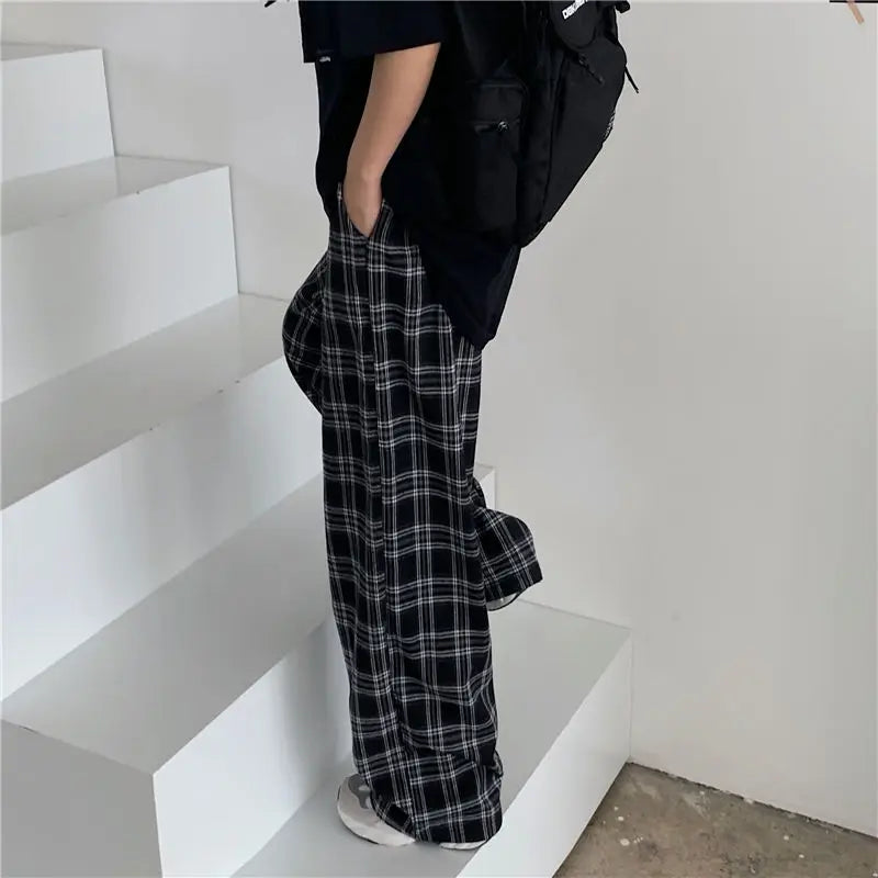 Oversized Black Pink Plaid High Pants