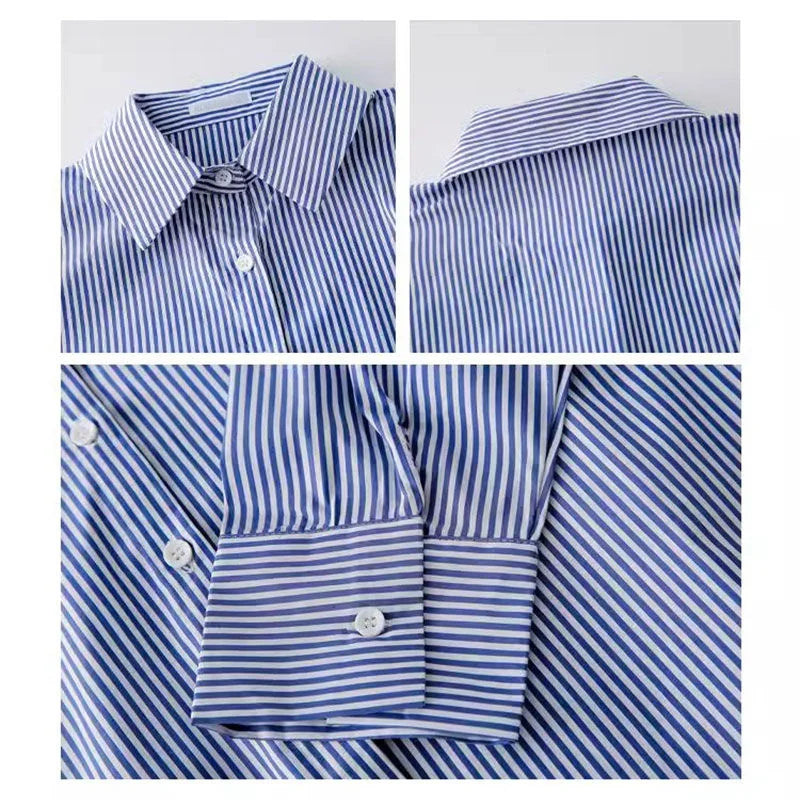 Collage of a blue and white striped shirt with close-up details on a light gray background