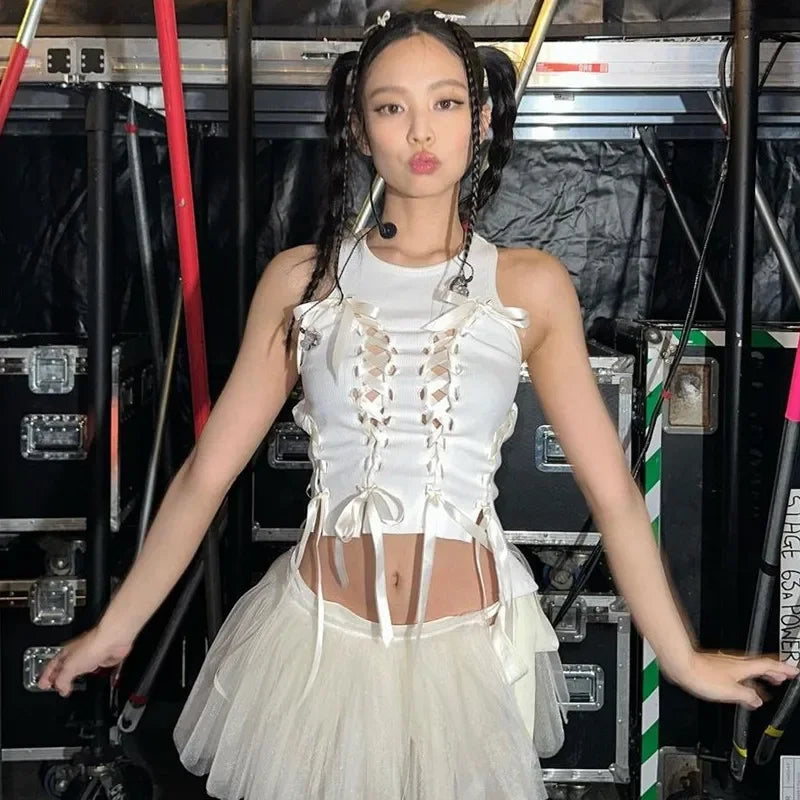 Coquette White Lace-Up Tank Top