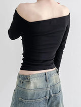 Elegantes koreanisches schwarzes Langarm-T-Shirt