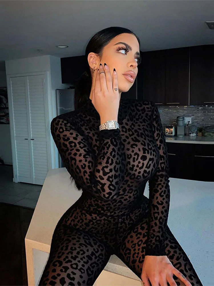 Animal Mesh Bodystocking Leopard Jumpsuit