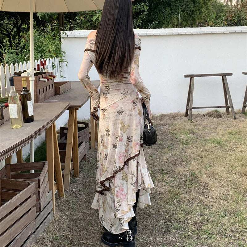 Butterfly Printed Slim Fit Vintage Maxi Dress