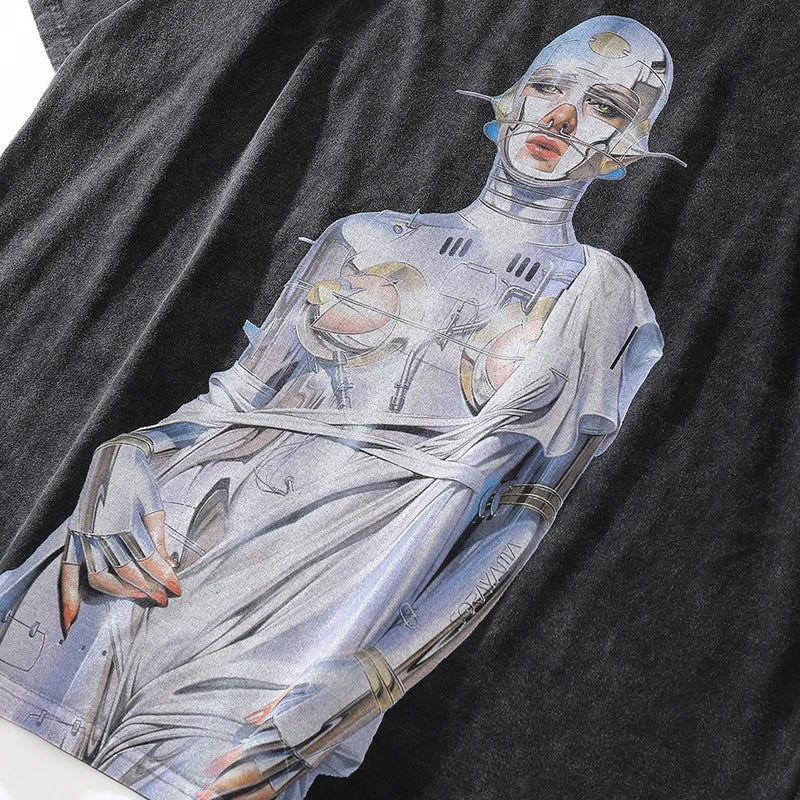 Vintage Robot Graphic Black Oversized T-Shirt