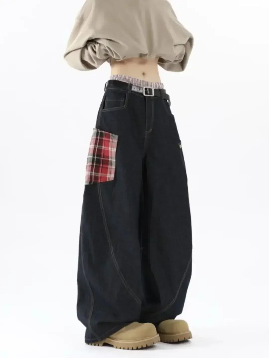 Bandana-Patchwork-Plaid-Jeans mit weitem Bein