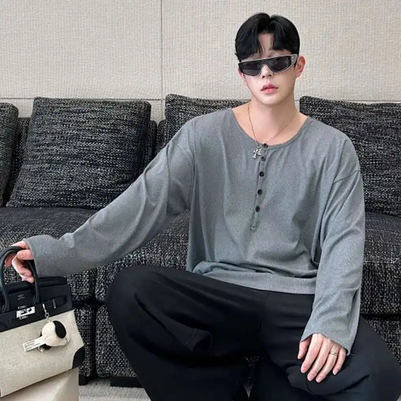 Stylish Korean Round Collar Button T-Shirt