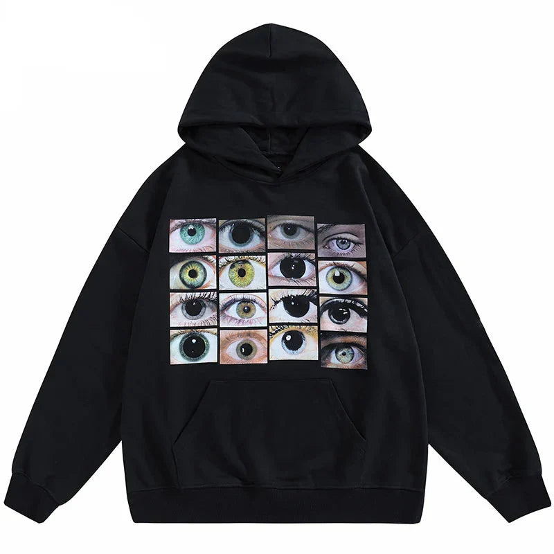 Vintage Eyes Print Black Washed Hoodie