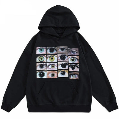 Vintage Eyes Print Schwarzer Washed Hoodie