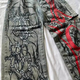 Grunge Embroidery Red Jeans