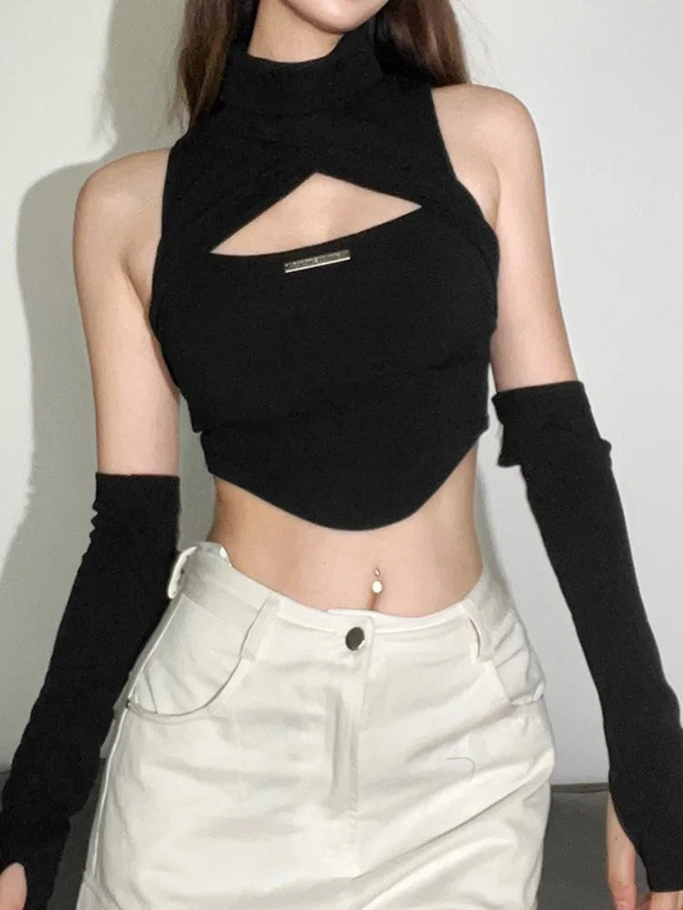 Hollow Out Turtleneck Y2k Black Tops