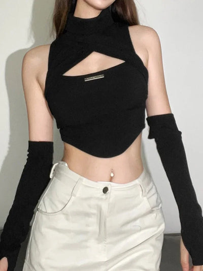 Hollow Out Turtleneck Y2k Black Tops