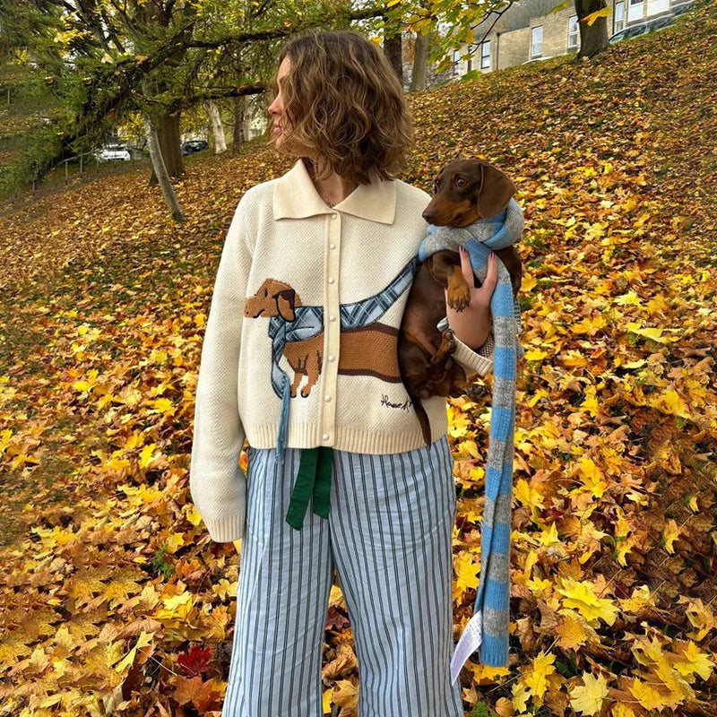 Y2K Cozy Chic Puppy Pattern Knit Cardigan