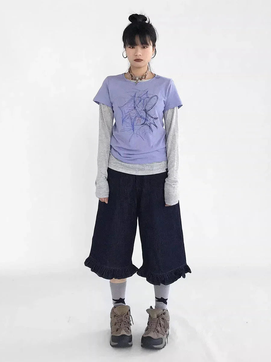 Jorts vaqueros azul oscuro con volantes
