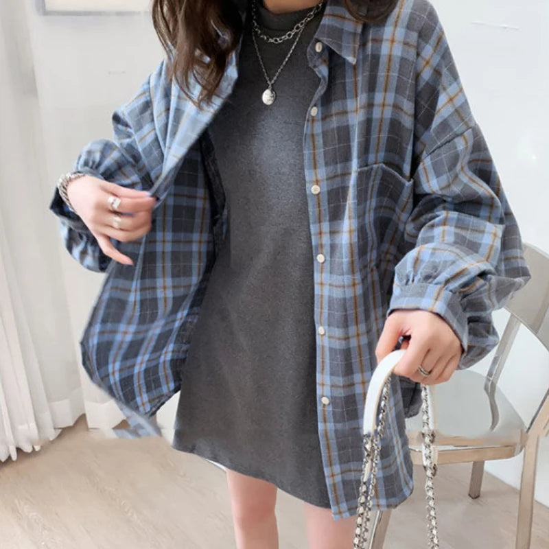 Soft Girl Korean Style Plaid Oversized Shirt