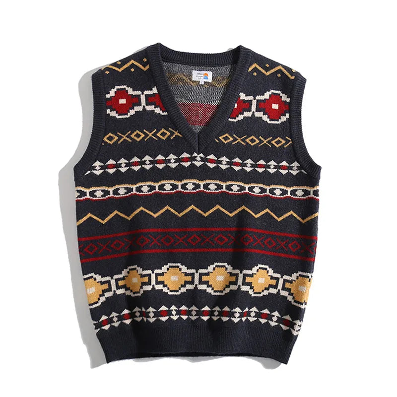 Suéter sin mangas vintage de punto jacquard con cuello en V