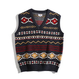 Suéter sin mangas vintage de punto jacquard con cuello en V