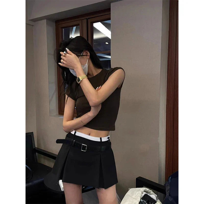 Korean Patchwork Pleated Mini Skirt