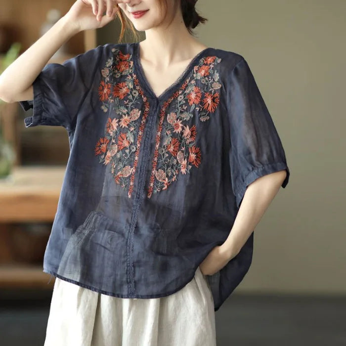 Vintage Embroidered V-Neck Floral T-Shirt